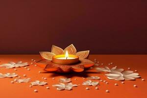 Happy diwali or deepavali traditional indian festival with clay diya oil lamp. Indian hindu festival of light symbol with candle and light. Clay diya lamp lit during diwali celebration by AI generated photo