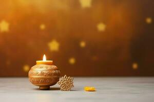 Happy diwali or deepavali traditional indian festival with clay diya oil lamp. Indian hindu festival of light symbol with candle and light. Clay diya lamp lit during diwali celebration by AI generated photo