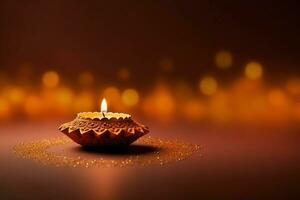 Happy diwali or deepavali traditional indian festival with clay diya oil lamp. Indian hindu festival of light symbol with candle and light. Clay diya lamp lit during diwali celebration by AI generated photo