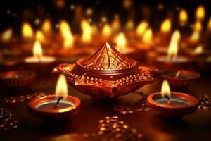 Happy diwali or deepavali traditional indian festival with clay diya oil lamp. Indian hindu festival of light symbol with candle and light. Clay diya lamp lit during diwali celebration by AI generated photo