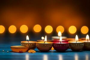 Happy diwali or deepavali traditional indian festival with clay diya oil lamp. Indian hindu festival of light symbol with candle and light. Clay diya lamp lit during diwali celebration by AI generated photo