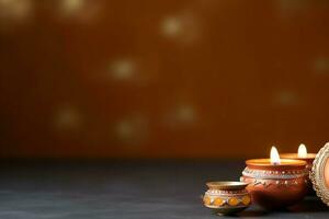 Happy diwali or deepavali traditional indian festival with clay diya oil lamp. Indian hindu festival of light symbol with candle and light. Clay diya lamp lit during diwali celebration by AI generated photo