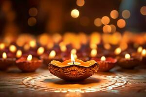 Happy diwali or deepavali traditional indian festival with clay diya oil lamp. Indian hindu festival of light symbol with candle and light. Clay diya lamp lit during diwali celebration by AI generated photo