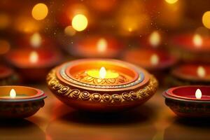 Happy diwali or deepavali traditional indian festival with clay diya oil lamp. Indian hindu festival of light symbol with candle and light. Clay diya lamp lit during diwali celebration by AI generated photo