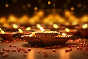 Happy diwali or deepavali traditional indian festival with clay diya oil lamp. Indian hindu festival of light symbol with candle and light. Clay diya lamp lit during diwali celebration by AI generated photo