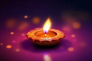 Happy diwali or deepavali traditional indian festival with clay diya oil lamp. Indian hindu festival of light symbol with candle and light. Clay diya lamp lit during diwali celebration by AI generated photo