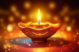 Happy diwali or deepavali traditional indian festival with clay diya oil lamp. Indian hindu festival of light symbol with candle and light. Clay diya lamp lit during diwali celebration by AI generated photo