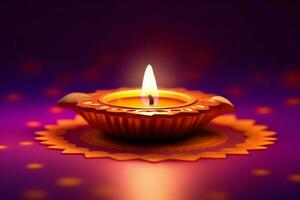 Happy diwali or deepavali traditional indian festival with clay diya oil lamp. Indian hindu festival of light symbol with candle and light. Clay diya lamp lit during diwali celebration by AI generated photo