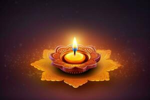 Happy diwali or deepavali traditional indian festival with clay diya oil lamp. Indian hindu festival of light symbol with candle and light. Clay diya lamp lit during diwali celebration by AI generated photo