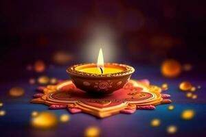 Happy diwali or deepavali traditional indian festival with clay diya oil lamp. Indian hindu festival of light symbol with candle and light. Clay diya lamp lit during diwali celebration by AI generated photo