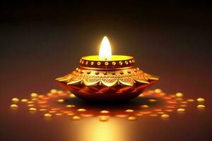 Happy diwali or deepavali traditional indian festival with clay diya oil lamp. Indian hindu festival of light symbol with candle and light. Clay diya lamp lit during diwali celebration by AI generated photo