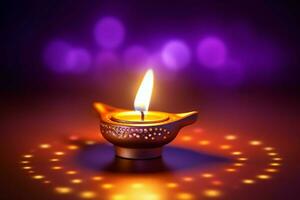 Happy diwali or deepavali traditional indian festival with clay diya oil lamp. Indian hindu festival of light symbol with candle and light. Clay diya lamp lit during diwali celebration by AI generated photo