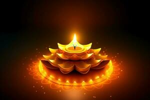 Happy diwali or deepavali traditional indian festival with clay diya oil lamp. Indian hindu festival of light symbol with candle and light. Clay diya lamp lit during diwali celebration by AI generated photo