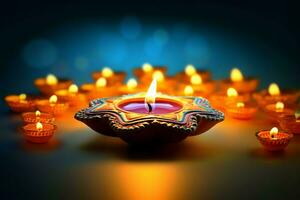 Happy diwali or deepavali traditional indian festival with clay diya oil lamp. Indian hindu festival of light symbol with candle and light. Clay diya lamp lit during diwali celebration by AI generated photo