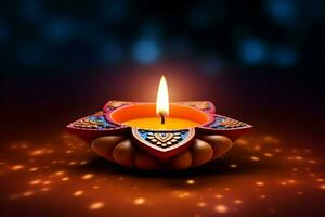 Happy diwali or deepavali traditional indian festival with clay diya oil lamp. Indian hindu festival of light symbol with candle and light. Clay diya lamp lit during diwali celebration by AI generated photo