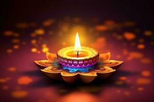 Happy diwali or deepavali traditional indian festival with clay diya oil lamp. Indian hindu festival of light symbol with candle and light. Clay diya lamp lit during diwali celebration by AI generated photo