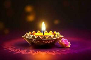 Happy diwali or deepavali traditional indian festival with clay diya oil lamp. Indian hindu festival of light symbol with candle and light. Clay diya lamp lit during diwali celebration by AI generated photo