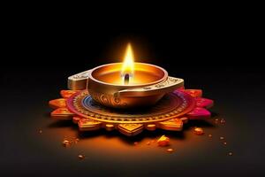 Happy diwali or deepavali traditional indian festival with clay diya oil lamp. Indian hindu festival of light symbol with candle and light. Clay diya lamp lit during diwali celebration by AI generated photo