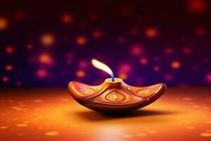 Happy diwali or deepavali traditional indian festival with clay diya oil lamp. Indian hindu festival of light symbol with candle and light. Clay diya lamp lit during diwali celebration by AI generated photo