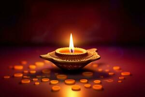 Happy diwali or deepavali traditional indian festival with clay diya oil lamp. Indian hindu festival of light symbol with candle and light. Clay diya lamp lit during diwali celebration by AI generated photo