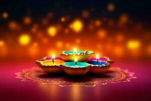 Happy diwali or deepavali traditional indian festival with clay diya oil lamp. Indian hindu festival of light symbol with candle and light. Clay diya lamp lit during diwali celebration by AI generated photo