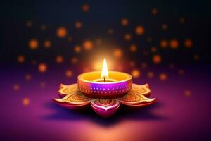 Happy diwali or deepavali traditional indian festival with clay diya oil lamp. Indian hindu festival of light symbol with candle and light. Clay diya lamp lit during diwali celebration by AI generated photo