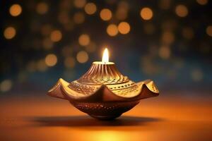 Happy diwali or deepavali traditional indian festival with clay diya oil lamp. Indian hindu festival of light symbol with candle and light. Clay diya lamp lit during diwali celebration by AI generated photo