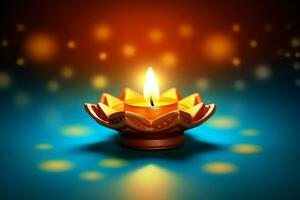 Happy diwali or deepavali traditional indian festival with clay diya oil lamp. Indian hindu festival of light symbol with candle and light. Clay diya lamp lit during diwali celebration by AI generated photo