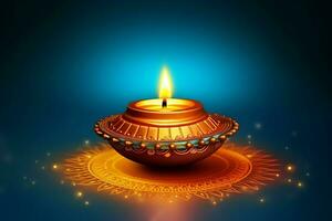 Happy diwali or deepavali traditional indian festival with clay diya oil lamp. Indian hindu festival of light symbol with candle and light. Clay diya lamp lit during diwali celebration by AI generated photo