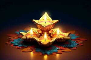 Happy diwali or deepavali traditional indian festival with clay diya oil lamp. Indian hindu festival of light symbol with candle and light. Clay diya lamp lit during diwali celebration by AI generated photo