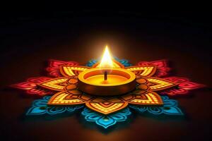 Happy diwali or deepavali traditional indian festival with clay diya oil lamp. Indian hindu festival of light symbol with candle and light. Clay diya lamp lit during diwali celebration by AI generated photo