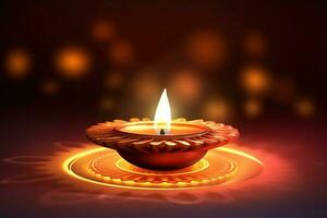 Happy diwali or deepavali traditional indian festival with clay diya oil lamp. Indian hindu festival of light symbol with candle and light. Clay diya lamp lit during diwali celebration by AI generated photo