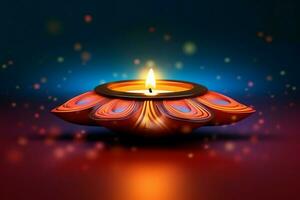 Happy diwali or deepavali traditional indian festival with clay diya oil lamp. Indian hindu festival of light symbol with candle and light. Clay diya lamp lit during diwali celebration by AI generated photo