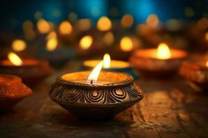 Happy diwali or deepavali traditional indian festival with clay diya oil lamp. Indian hindu festival of light symbol with candle and light. Clay diya lamp lit during diwali celebration by AI generated photo