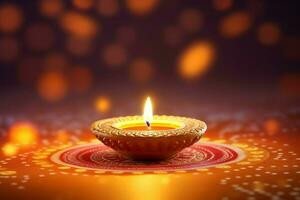 Happy diwali or deepavali traditional indian festival with clay diya oil lamp. Indian hindu festival of light symbol with candle and light. Clay diya lamp lit during diwali celebration by AI generated photo