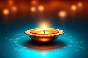 Happy diwali or deepavali traditional indian festival with clay diya oil lamp. Indian hindu festival of light symbol with candle and light. Clay diya lamp lit during diwali celebration by AI generated photo