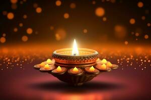 Happy diwali or deepavali traditional indian festival with clay diya oil lamp. Indian hindu festival of light symbol with candle and light. Clay diya lamp lit during diwali celebration by AI generated photo