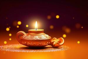 Happy diwali or deepavali traditional indian festival with clay diya oil lamp. Indian hindu festival of light symbol with candle and light. Clay diya lamp lit during diwali celebration by AI generated photo