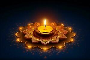 Happy diwali or deepavali traditional indian festival with clay diya oil lamp. Indian hindu festival of light symbol with candle and light. Clay diya lamp lit during diwali celebration by AI generated photo