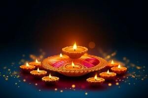 Happy diwali or deepavali traditional indian festival with clay diya oil lamp. Indian hindu festival of light symbol with candle and light. Clay diya lamp lit during diwali celebration by AI generated photo