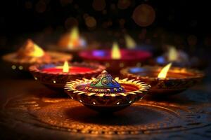 contento diwali o deepavali tradicional indio festival con arcilla diya petróleo lámpara. indio hindú festival de ligero símbolo con vela y ligero. arcilla diya lámpara iluminado durante diwali celebracion por ai generado foto