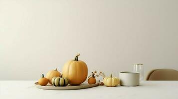 Thanksgiving day or autumn composition with pumpkin, oranges, leaves or chicken. Thanksgiving food concept by AI Generated photo