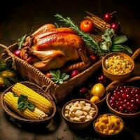 Thanksgiving day or autumn composition with pumpkin, oranges, leaves or chicken. Thanksgiving food concept by AI Generated photo