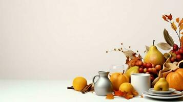 Thanksgiving day or autumn composition with pumpkin, oranges, leaves or chicken. Thanksgiving food concept by AI Generated photo