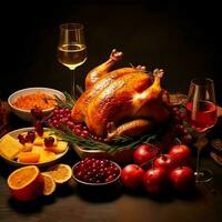 Thanksgiving day or autumn composition with pumpkin, oranges, leaves or chicken. Thanksgiving food concept by AI Generated photo