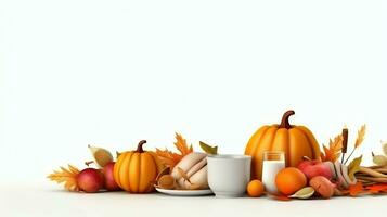 Thanksgiving day or autumn composition with pumpkin, oranges, leaves or chicken. Thanksgiving food concept by AI Generated photo