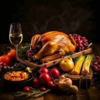 Thanksgiving day or autumn composition with pumpkin, oranges, leaves or chicken. Thanksgiving food concept by AI Generated photo