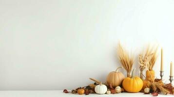 acción de gracias día o otoño composición con calabaza, naranjas, hojas o pollo. acción de gracias comida concepto por ai generado foto