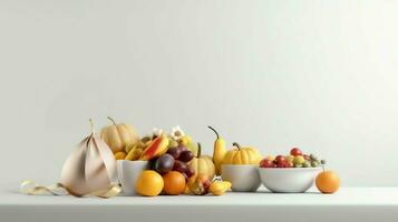 acción de gracias día o otoño composición con calabaza, naranjas, hojas o pollo. acción de gracias comida concepto por ai generado foto