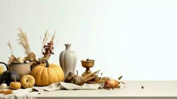 Thanksgiving day or autumn composition with pumpkin, oranges, leaves or chicken. Thanksgiving food concept by AI Generated photo